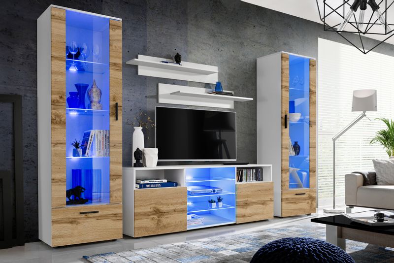 Pan Igiełka Meblościanka LED RGB Czarny Biały Dąb Wotan Zestaw Mebli zdjęcie 1