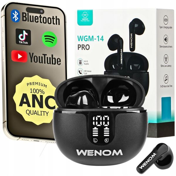 SŁUCHAWKI BEZPRZEWODOWE DOUSZNE WENOM WGM 14-PRO ANC 2 MIKROFONY LED EKRAN zdjęcie 7
