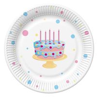 Talerzyki papierowe urodzinowe Tort, 23 cm 8 szt.