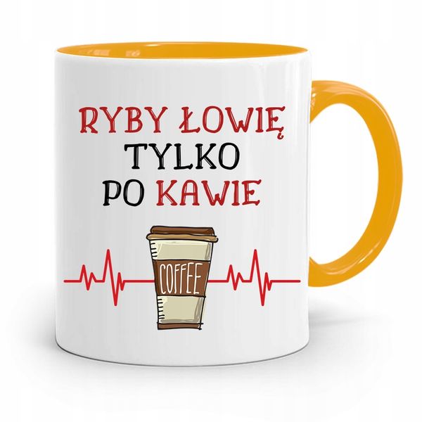 Kubek Żółty Wędkarza Ryby Łowię Tylko Po Kawie Z Nadrukiem Ze Zdjęciem zdjęcie 1