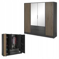 SZAFA GARDEROBA SOREN 4D GRAFIT 200CM OTWIERANA DUŻA PÓŁKI DRĄŻEK LUSTRO