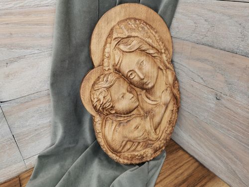 Płaskorzeźba drewniana obraz prezent na komunie chrzest Maryja obraz 80 cm na Arena.pl