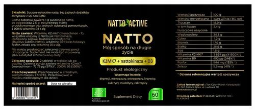 Natto Active witaminy D3 2000 IU K2 MK-7 Nattokinaza 60 eko tabletek na Arena.pl