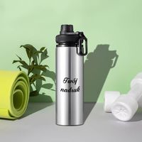 Srebrny bidon 850 ml - z rączką i zamykanym ustnikiem - z Twoim nadrukiem - czarna opaska