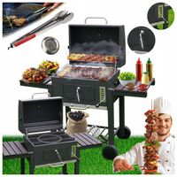 GRILL OGRODOWY WĘGLOWY Z POKRYWĄ I PÓŁKAMI VL13 DUŻY XXL SZARY + SZCZYPCE