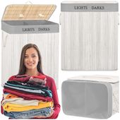 Kosz na pranie bambusowy 105 L z pokrywą dwukomorowy podwójny z uchwytami