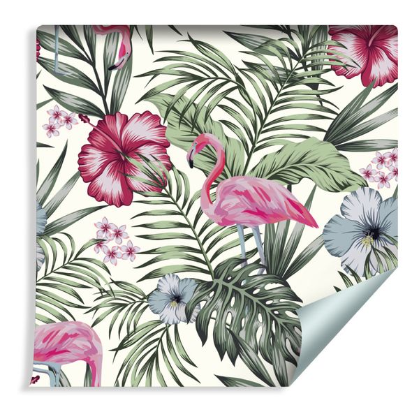 Tapeta w Rolce Tropikalna Ptaki Flamingi Liście i Kwiaty zdjęcie 1