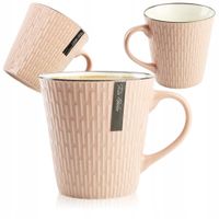 CERAMICZNY KUBEK NA KAWĘ HERBATĘ RÓŻOWY ZDOBIONY WE WZÓR KRESKI 370 ML