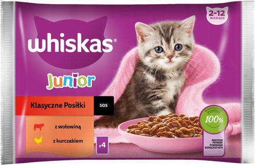 WHISKAS JUNIOR MOKRA KARMA DLA KOCIĄT WOŁOWINA KURCZAK W SOSIE 4 X 85 G na Arena.pl