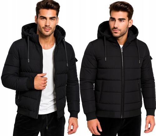 KURTKA MĘSKA Z KAPTUREM PUCHOWA OCIEPLANA ZIMOWA PIKOWANA CZARNA na Arena.pl