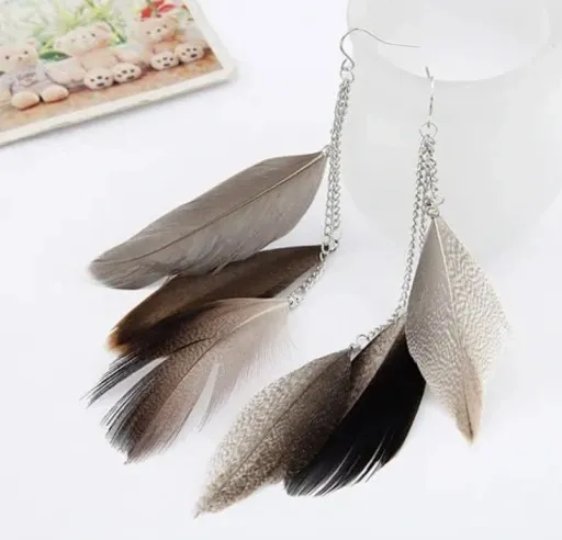 Kolczyki Srebrne Brązowe Pióra Piórka Długie 120mm zdjęcie 2