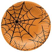 Talerzyki papierowe pomarańczowe pajęczyna Halloween, 18 cm 8 szt.