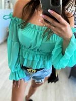 Bluzka damska  letnia hiszpanka z marszczeniami miętowa Candy
