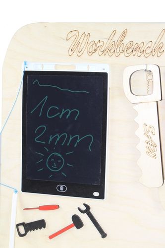 Drewniany warsztat majsterkowicza tablet kłódka imadło schowek piła POLSKI! na Arena.pl