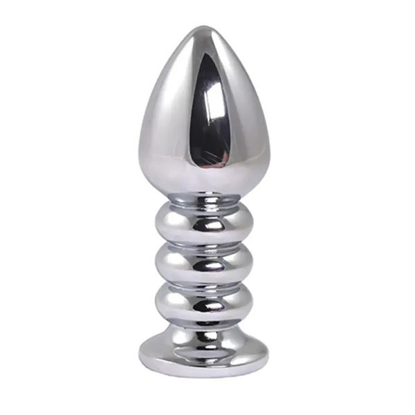 Silver Large Ribbed Butt Plug With Pink Crystal zdjęcie 2
