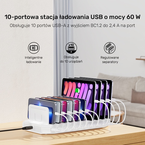 Unitek Stacja ładująca 10xUSB 2.4A 60W biała na Arena.pl