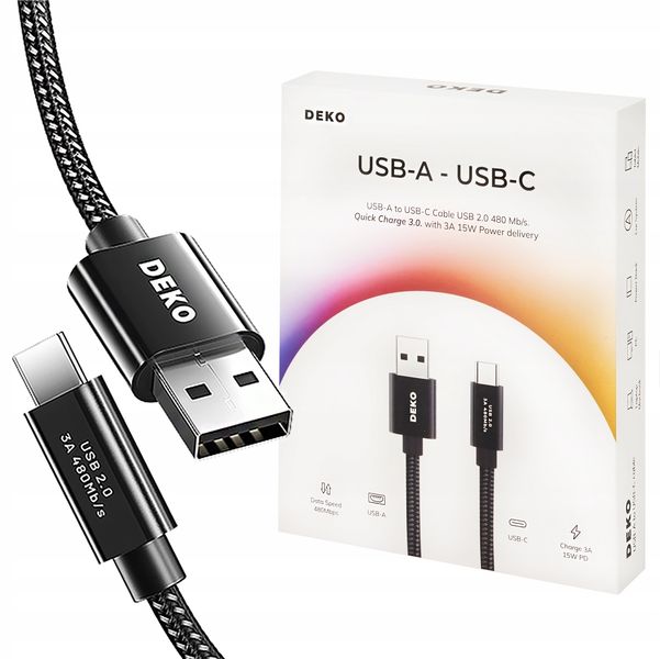 KABEL USB C SZYBKIE ŁADOWANIE 3A DO ANDROID AUTO USB TYP C 2M DEKO zdjęcie 1