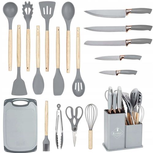 Komplet 5 Noży + Zestaw 12 przyborów kuchennych + deska do krojenia +Stojak na Arena.pl