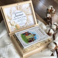 Prezent na chrzest w drewnianym pudełku Biblia