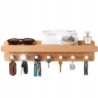 Drewniany Organizer Ścienny z Półką 31,5 cm z 7 Haczykami Wieszak na Klucze