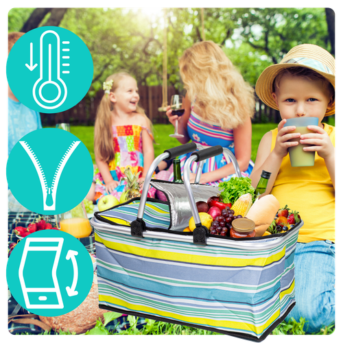 Kosz Piknikowy Termiczny Na Zakupy Duży 30 Litrów Składany Niebieskie Paski na Arena.pl