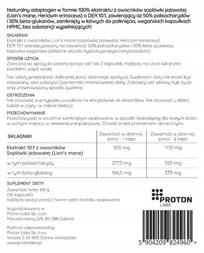 PROTON LABS Lion's Mane 555 mg 90 kaps Soplówka Jeżowata DER 10:1 50% 30% na Arena.pl