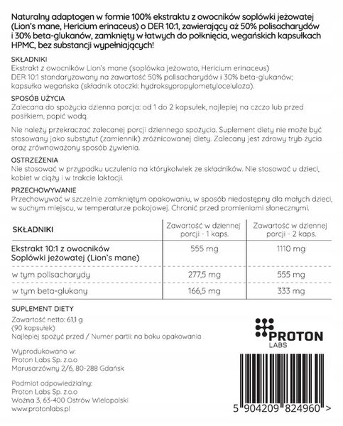 PROTON LABS Lion's Mane 555 mg 90 kaps Soplówka Jeżowata DER 10:1 50% 30% zdjęcie 2
