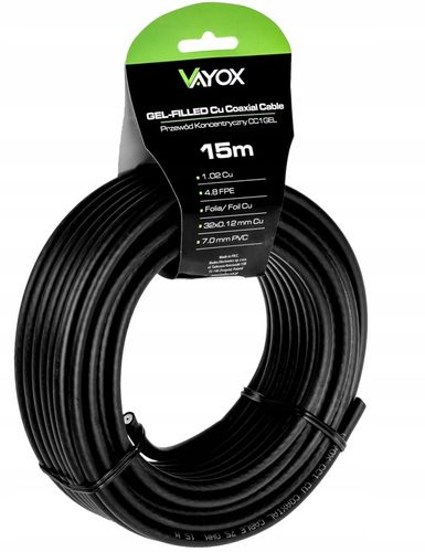 KABEL KONCENTRYCZNY PRZEWÓD ANTENOWY ŻEL CZARNY CU ZIEMNY MIEDŹ VAYOX 15m na Arena.pl