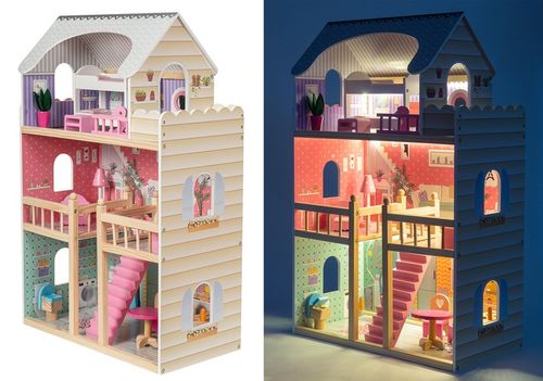 Domek dla Lalek Drewniany Duży Oświetlenie LED Mebelki 3 Poziomy - XL 90cm na Arena.pl