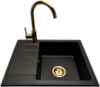 Zlewozmywak jednokomorowy z ociekaczem ADAL czarny z lewym ociekaczem + bateria złota