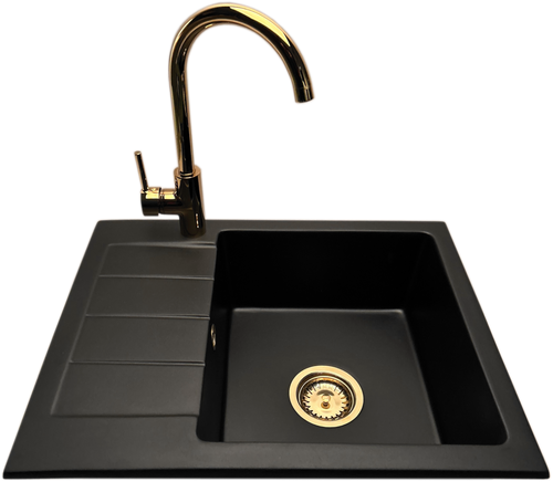 Zlewozmywak jednokomorowy z ociekaczem ADAL czarny z lewym ociekaczem + bateria złota na Arena.pl