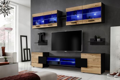 Pan Igiełka - Meblościanka do Salonu LED RGB Czarny Dąb Wotan, Zestaw Mebli na Arena.pl