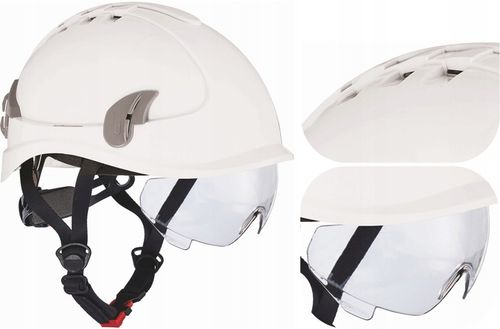 KASK OCHRONNY HEŁM WENTYLOWANY Z OKULARAMI BIAŁY KASK BUDOWLANY BHP LEKKI na Arena.pl