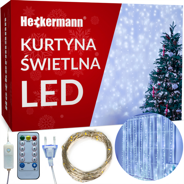 KURTYNA ŚWIETLNA LAMPKI NA DRUCIKU GIRLANDA BIAŁE ZIMNE 300 LED 3x3 METRY zdjęcie 1