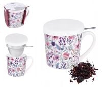 Kubek porcelanowy z zaparzaczem i pokrywką TEA TIME 400 ml piwonie kwiatki
