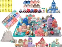 Drewniane Klocki Miasto Auta 115 Klocków Zestaw Puzzle + NAKLEJKI GRATIS