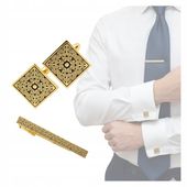 ZESTAW SPINKI DO MANKIETOW I KRAWATA ZLOTE NOWOCZESNE DLA MEZCZYZNY