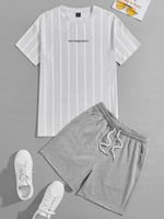 SZARY KOMPLET KLASYCZNY T-SHIRT W PASKI KRÓKIE SPODENKI KIESZENIE SHEIN L