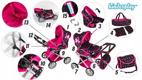 WÓZEK DLA LALEK GŁĘBOKI SPACERÓWKA GONDOLA 3w1 KINDERPLAY TORBA POŚCIEL na Arena.pl