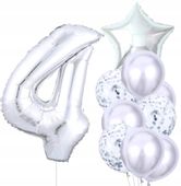 Balony 10szt na Czwarte urodziny Srebrne konfetti  F150_B_4