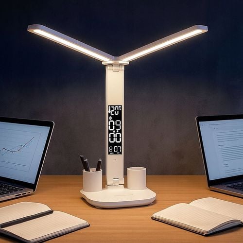 PODWÓJNA LAMPKA BIURKOWA LED Z WYŚWIETLACZEM ZEGAR ORGANIZER TEMP. na Arena.pl