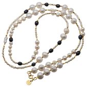 Naszyjnik długi - Białe, czarne Perły hodowane i srebro złocone