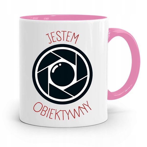 Kubek Różowy Dla Fotografa Jestem Obiektywny Z Nadrukiem Ze Zdjęciem zdjęcie 1
