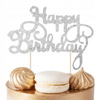 TOPPER NA TORT HEPPY BIRTHDAY SREBRNE BROKAT IMPREZĘ URODZINOWĄ