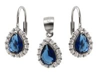 KLASYCZNY RODOWANY SREBRNY WISZĄCY KOMPLET ŁEZKI KROPLE SZAFIROWE CYRKONIE