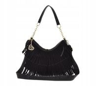 Laura Biaggi - torebka listonoszka podkowa zamsz frędzle czarny A590