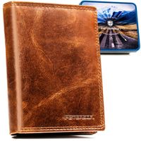 pionowy, skórzany portfel męski w brązowym kolorze bez zapięcia