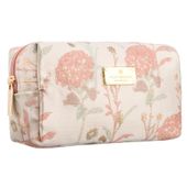 różowa kosmetyczka z poliestru, jednokomorowa i ozdobiona kwiatowym
