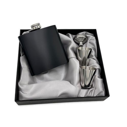 Piersiówka stalowa zestaw z kieliszkami i lejkiem w eleganckim pudełku na Arena.pl
