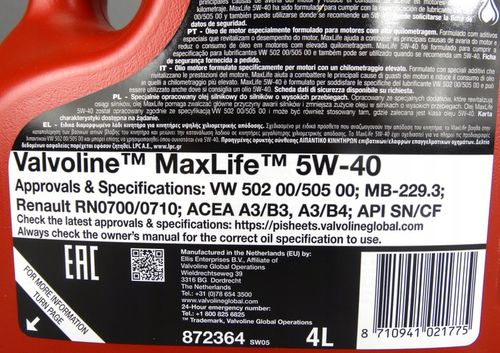 VALVOLINE MAXLIFE SYNTHETIC 5W40 SN/CF A3/B4 SYNTETYCZNY 4L na Arena.pl